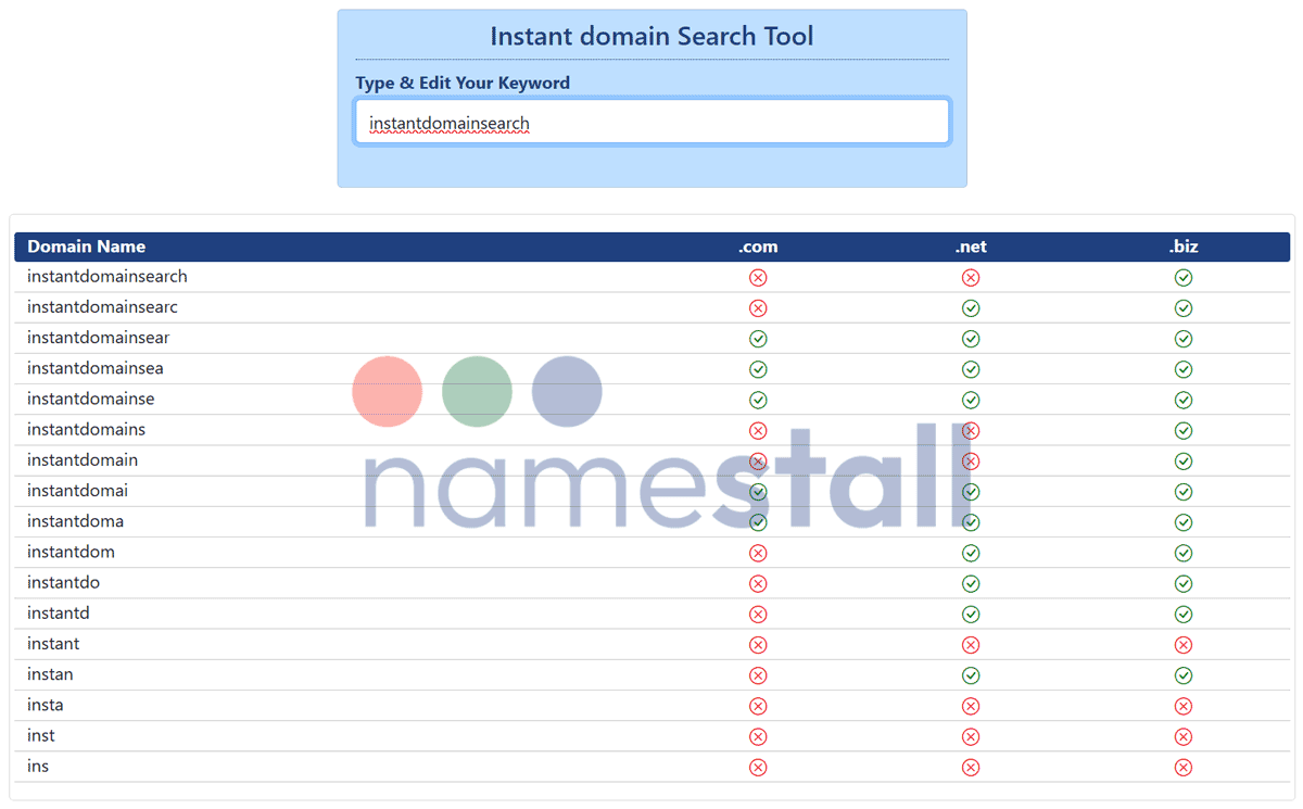 Instant Domain Search A screenshot of Namestall's domain search tool displaying real-time availability of domain names for free and with fast results.